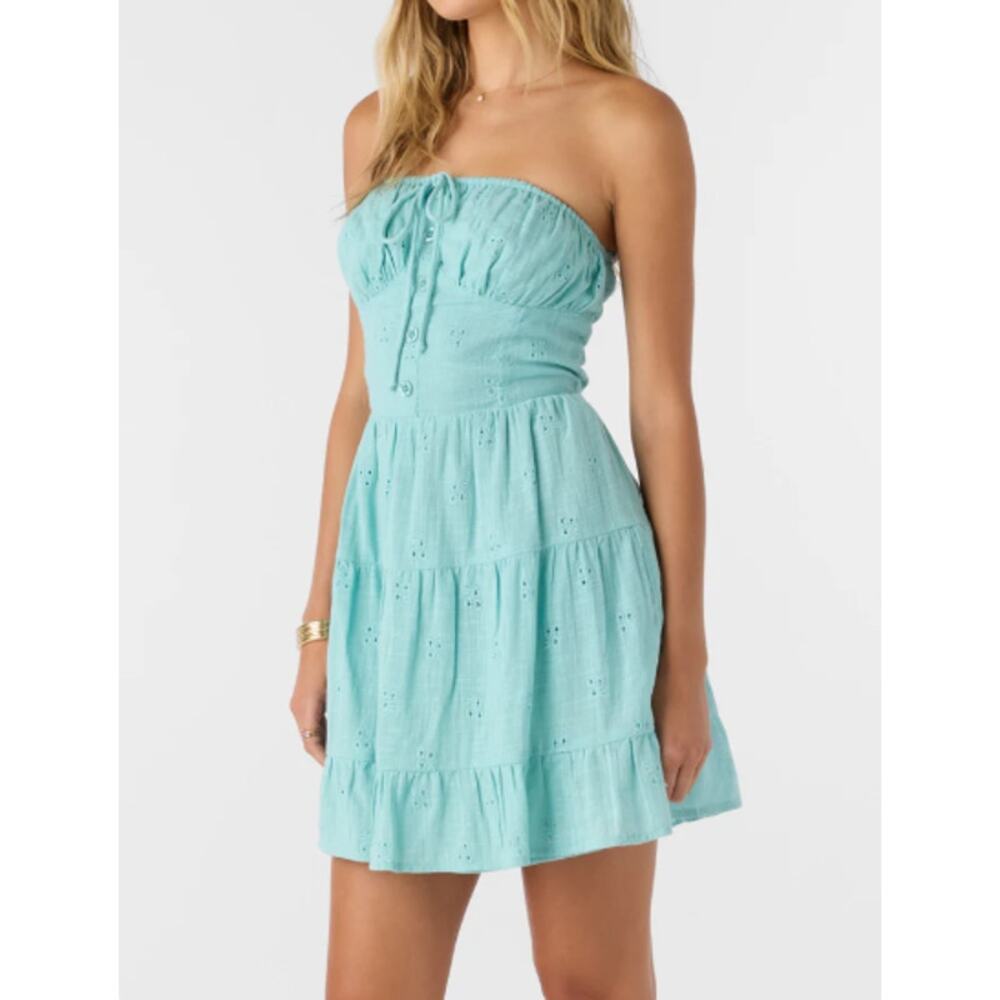 NWT O'Neill Womens Naya Short Dress Large Smocked Back Panel Eyelet Nile Blue